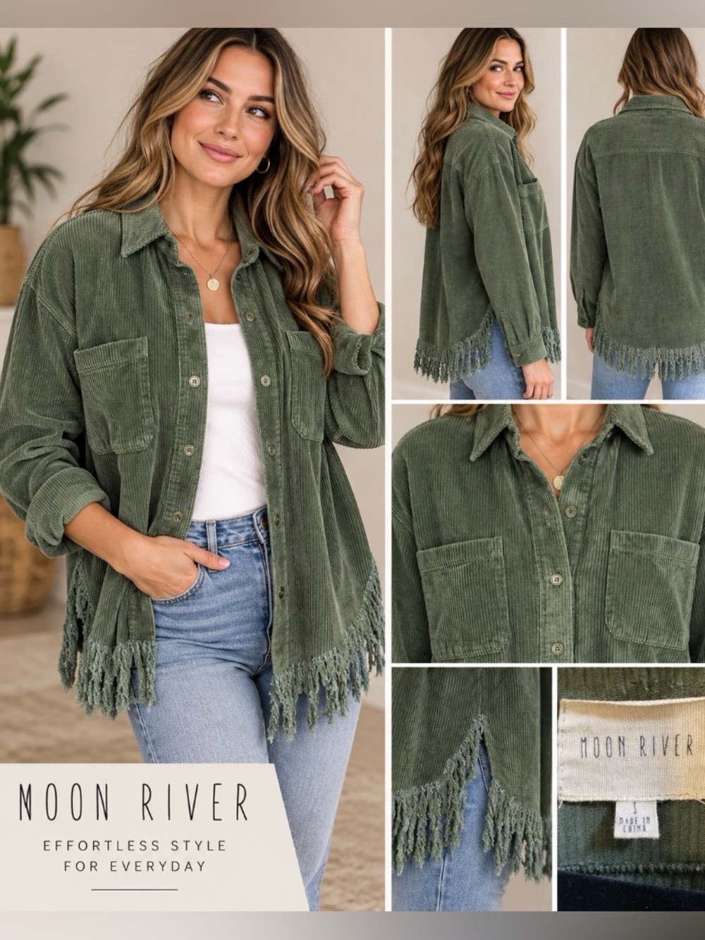 Moon River Olive Green Corduroy Fringe Hem Shacket Shirt Jacket S
